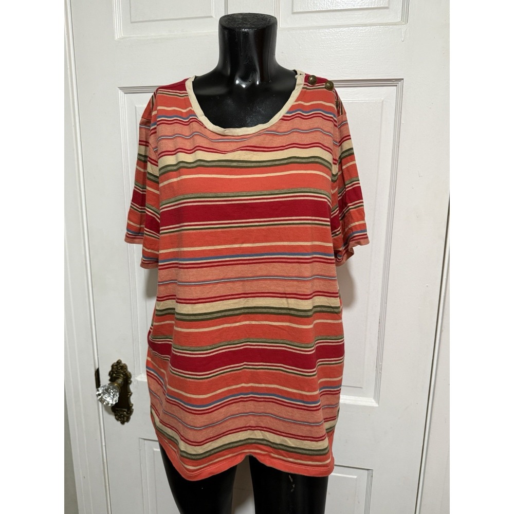 Womens Ralph Lauren 2X Red Orange Stripe Short Sleeve Casual Shirt